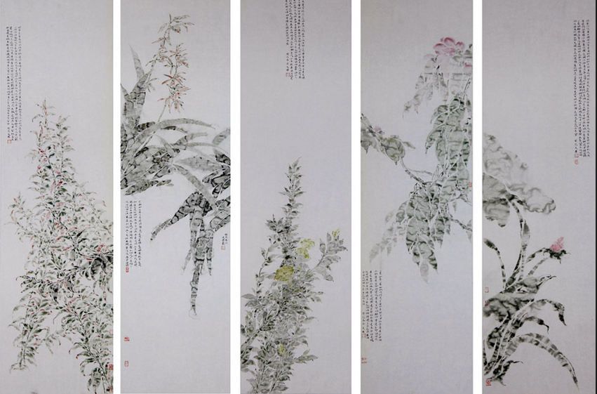 2007级美术学专业楚文君&mdash;&mdash;中国画作品《叶颂五条屏》